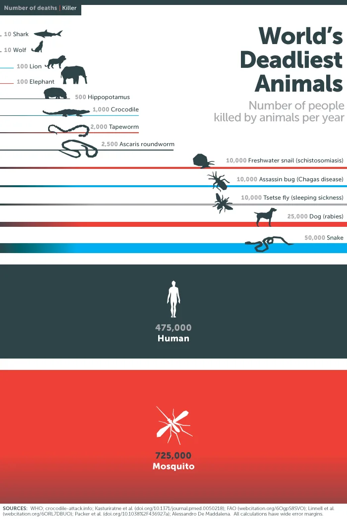 World's Deadliest Animals infographic — mosquitoes kill 725,000 people per year